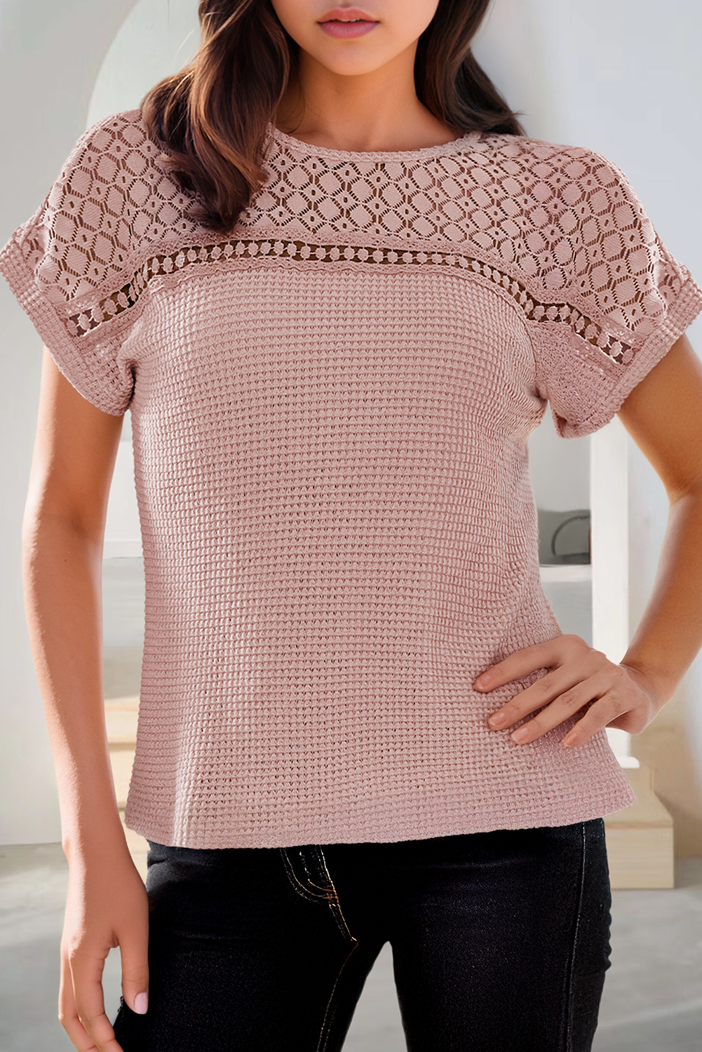 Lace Patchwork Waffle Top