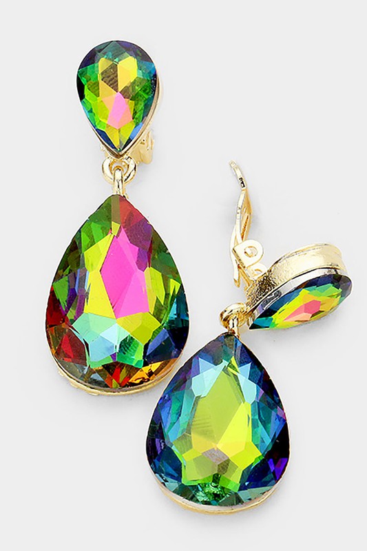 Crystal Double Teardrop Clip On Earrings - Debs on 5th