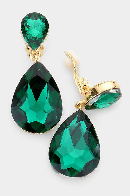 Crystal Double Teardrop Clip On Earrings - Debs on 5th