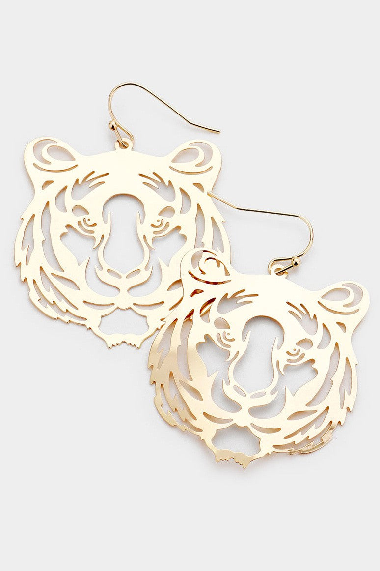 Brass Metal Cut Out Tiger Dangle Earrings - Debs on 5th