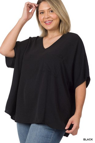 Plus Woven Airflow V-neck Dolman Short Sleeve Top