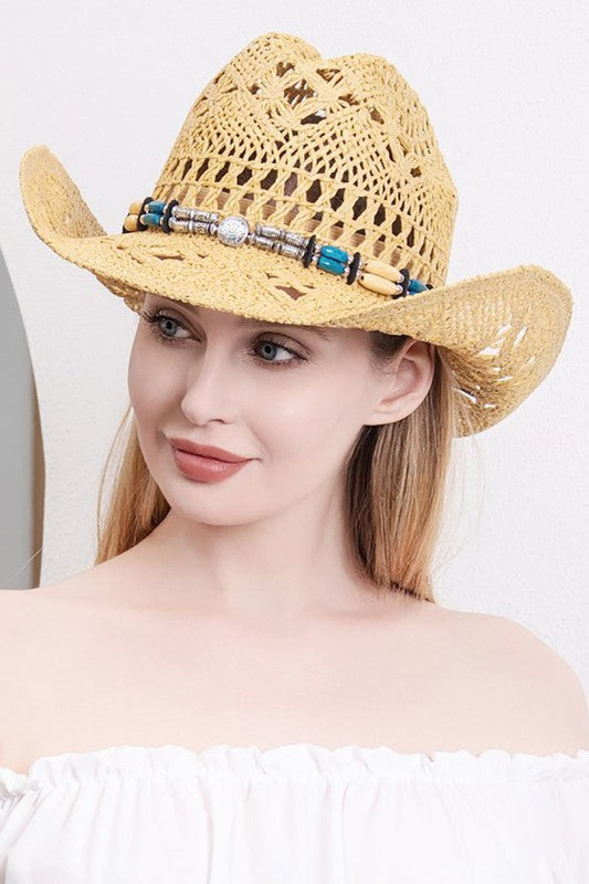 Natural Stone Wood Accented Straw Cowboy Sun Hat - Debs on 5th