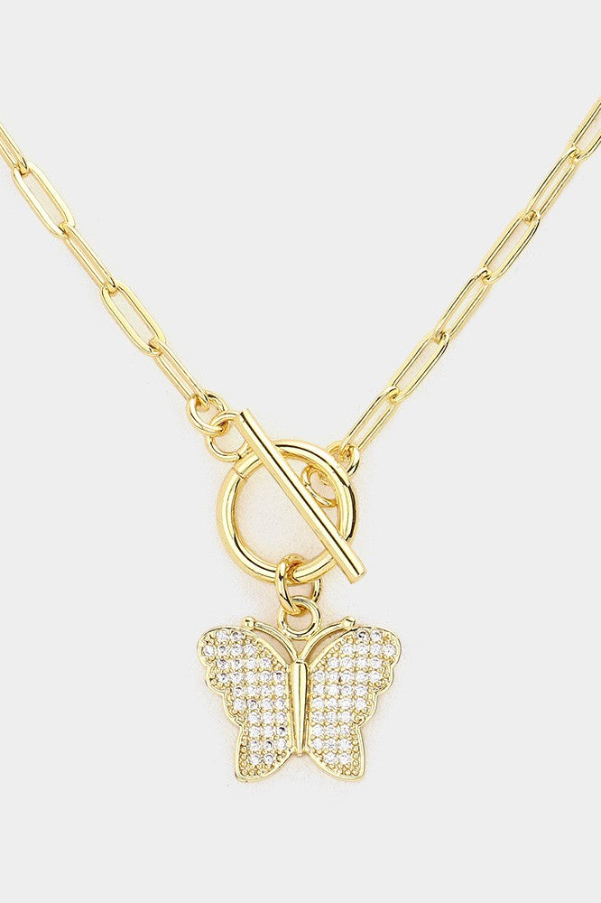 CZ Embellished Butterfly Pendant Toggle Necklace - Debs on 5th