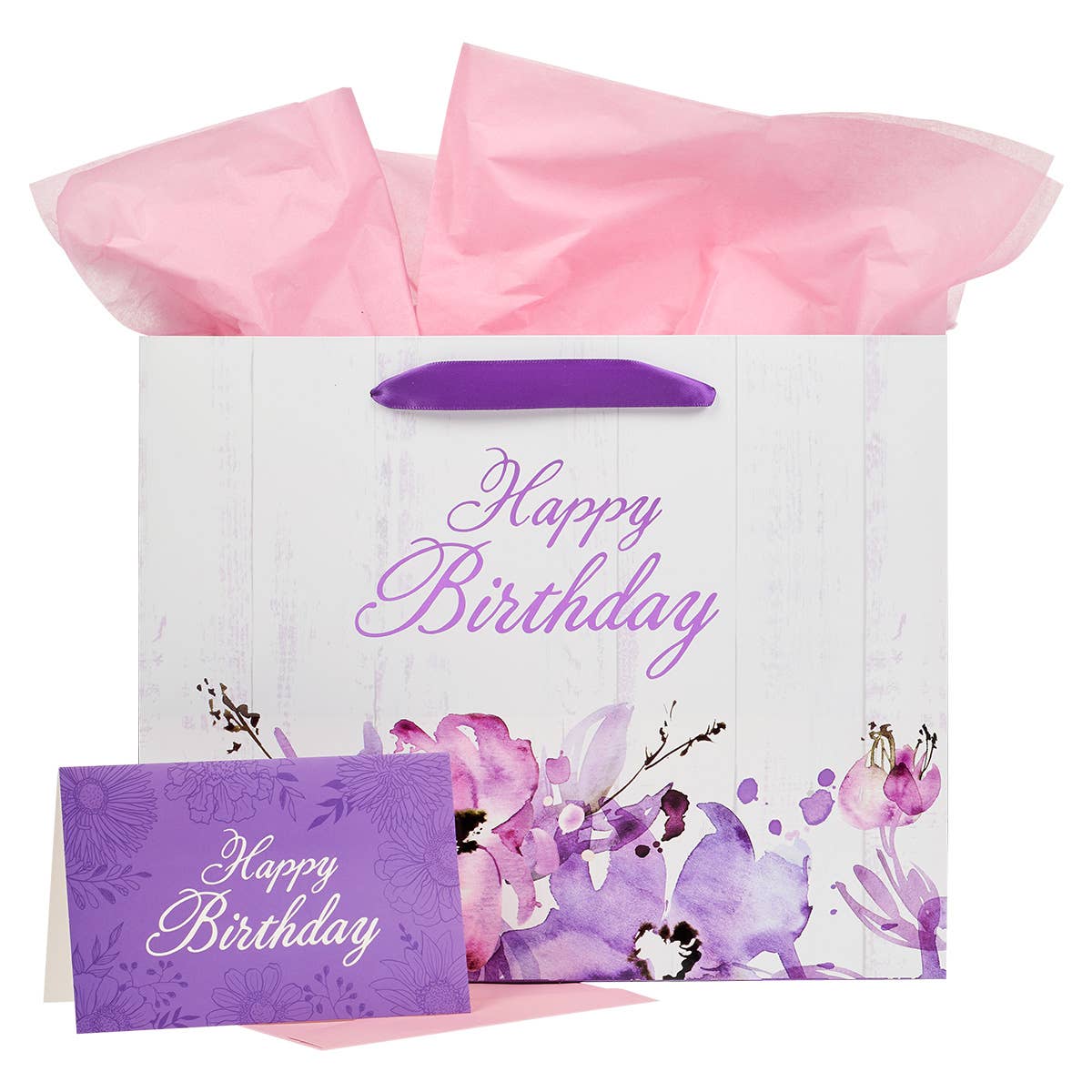 Happy Birthday Purple Floral Large Landscape Gift Bag and Ca