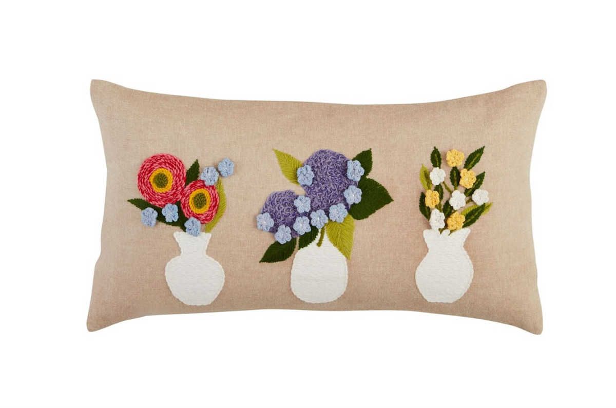 Lumbar Embroidered Flower Vase Pillow