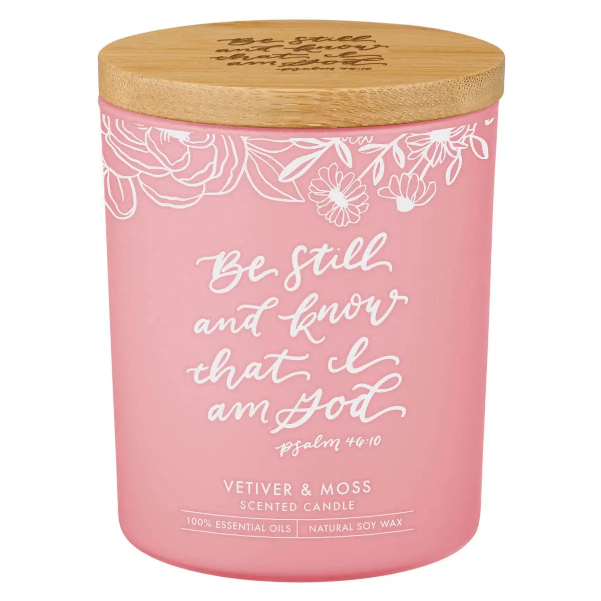 Glass Candle W/Bamboo Lid Pink Be Still Ps. 46:10