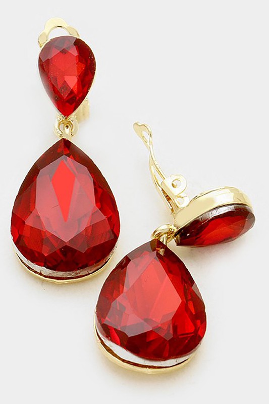 Crystal Double Teardrop Clip On Earrings - Debs on 5th