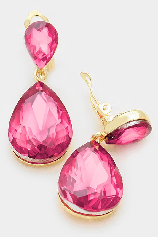 Crystal Double Teardrop Clip On Earrings - Debs on 5th
