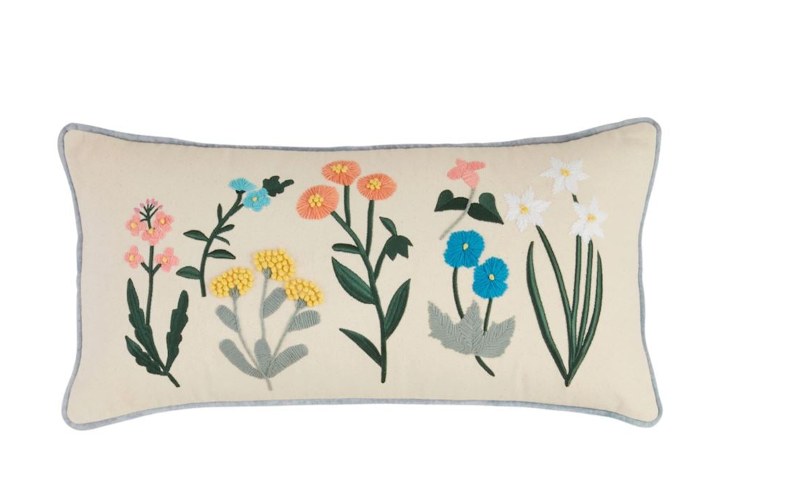 Lumbar Embroidered Botanic Stem Canvas Pillow
