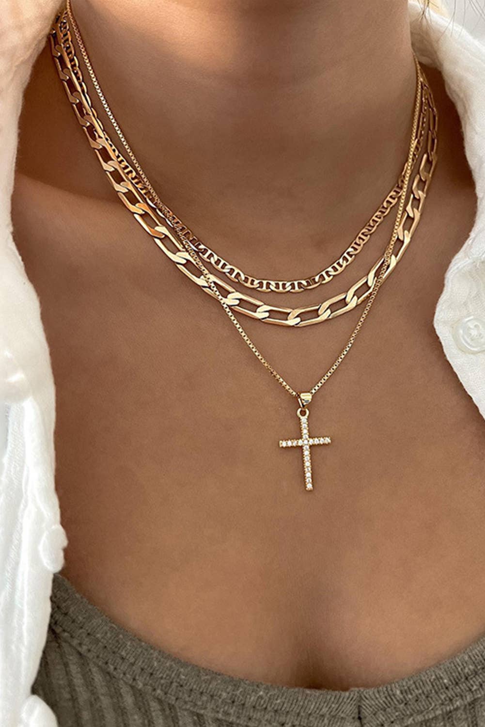 Cross Pendant Multi Layer Stacked Chains Necklace