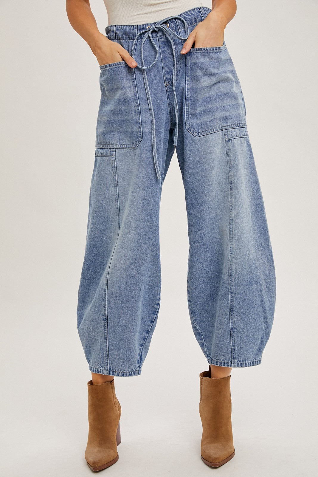 Denim Mid-Waist Drawstring Barrel Jeans