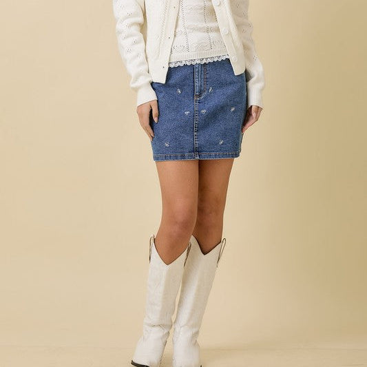 Mini Denim Skirt With Bow Embroidery Detail