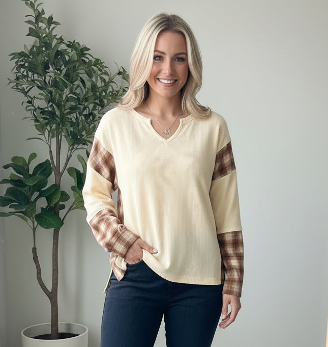 Plaid Colorblock Long Sleeve Top