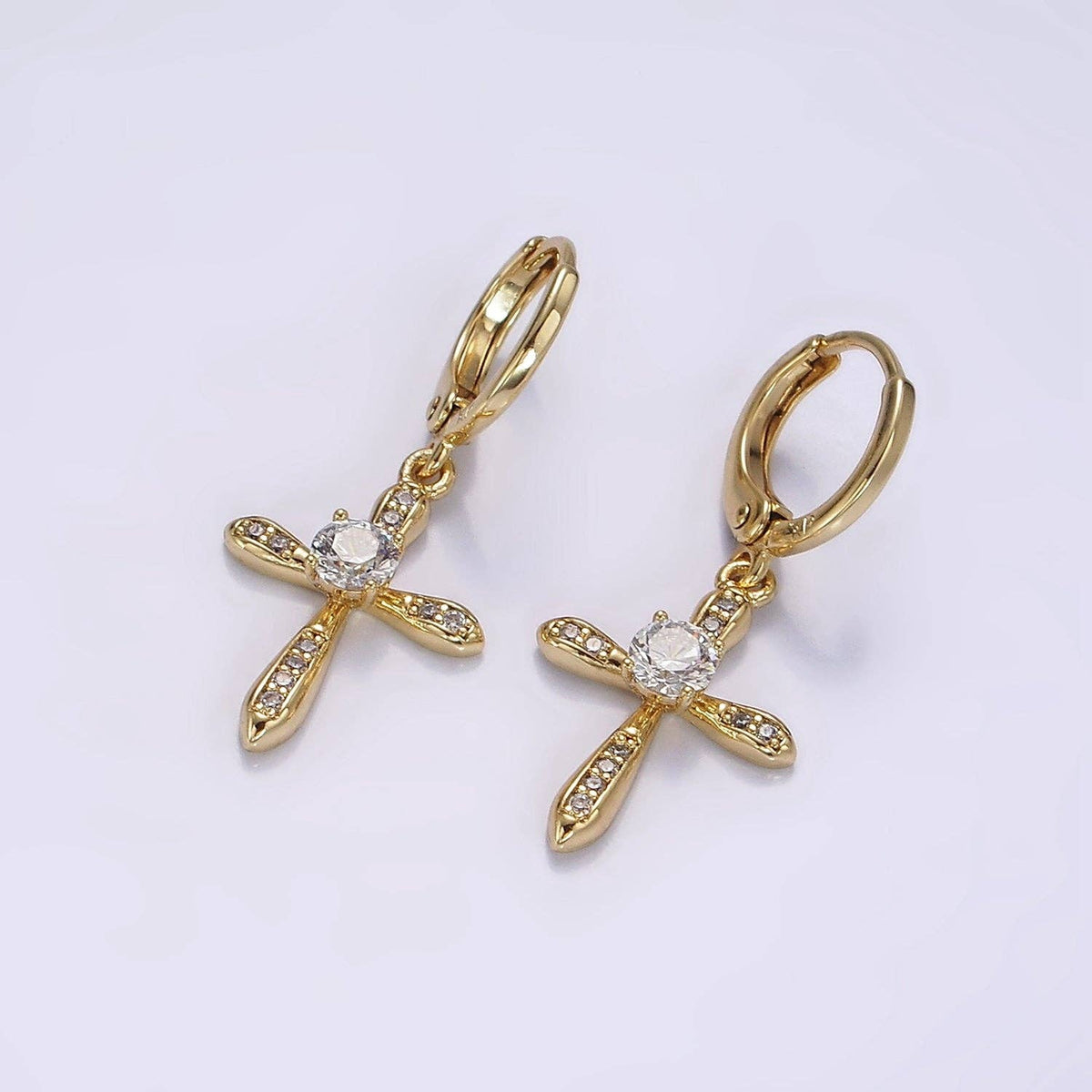 14K Gold Filled Micro Paved CZ Religious Cross Drop Huggie Earrings | AE935