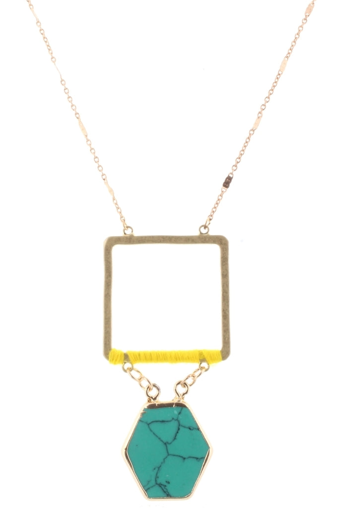 32" Gold Chain with Yellow Wrapped Square with Turquoise Stone Hexagon, 3" Ext. - Debs on 5th