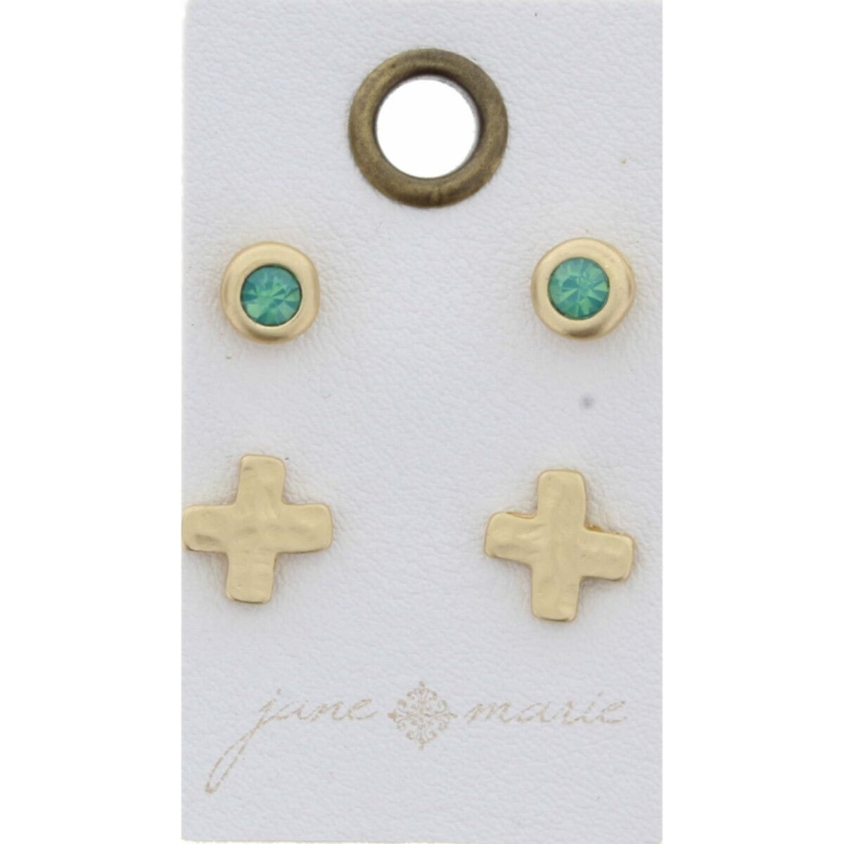 Mint Stone Encased Circle, Gold Cross Stud Earring - Debs on 5th