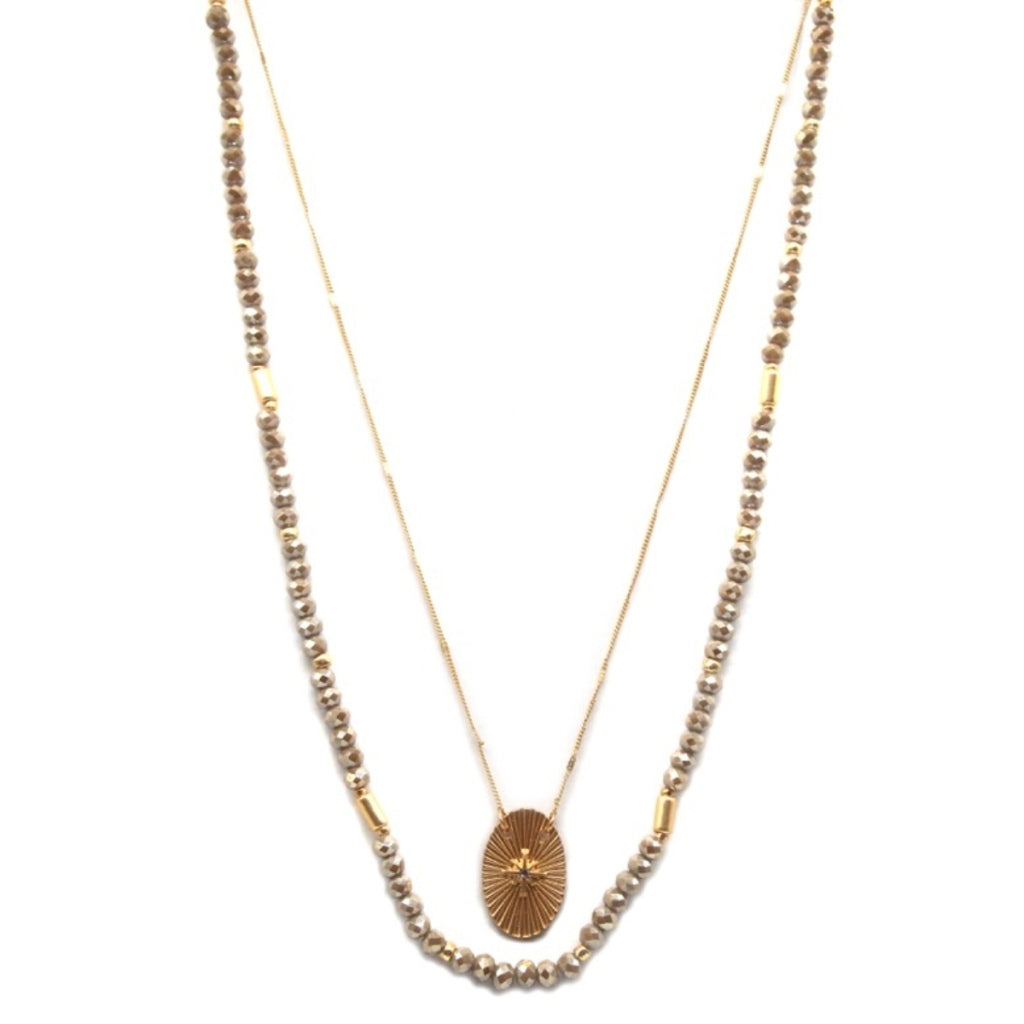 2 Layer Greige Beaded, Gold Chain with Star with Crystal Oval Necklace - Debs on 5th