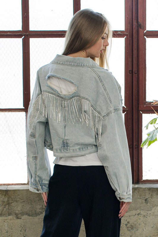 Rhinestone Fringe Denim Jacket - Debs on 5th