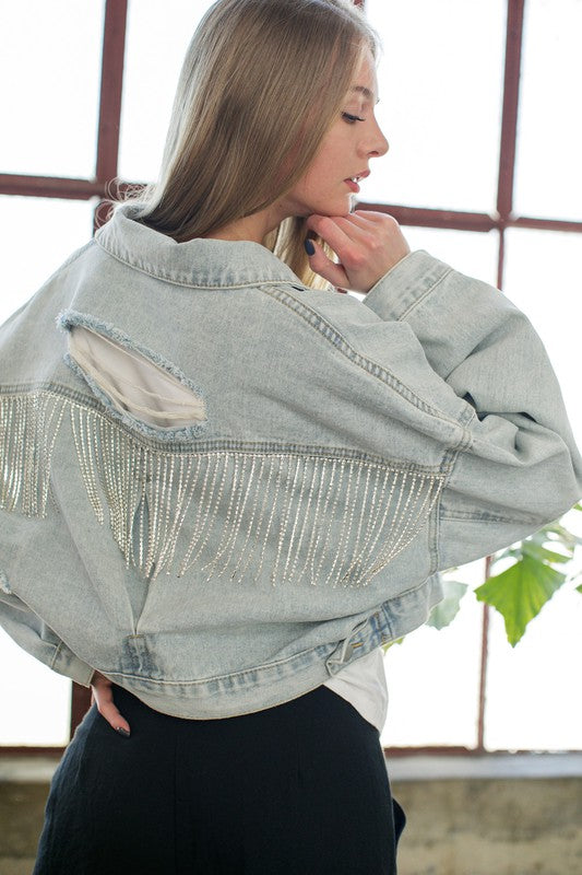 Rhinestone Fringe Denim Jacket - Debs on 5th