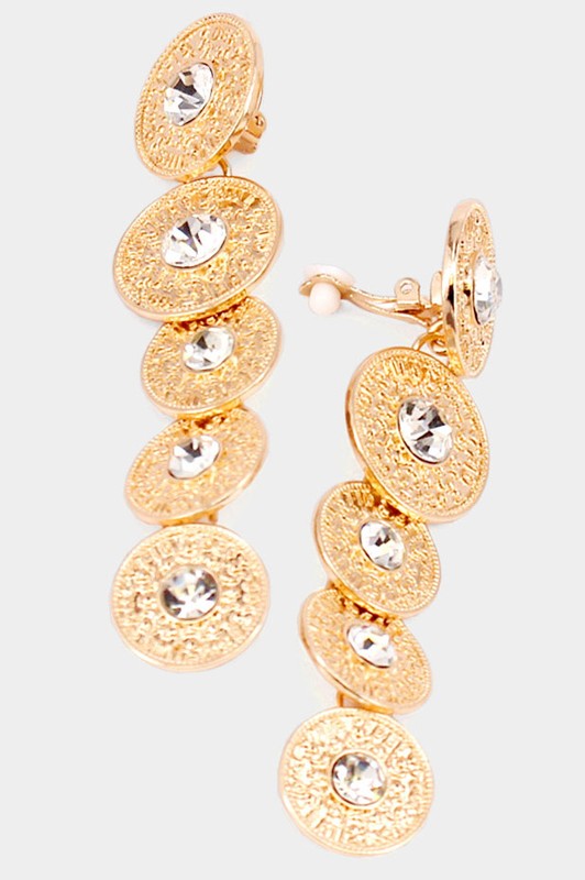 Stone Centered Metal Coin Link Clip On Earrings - Debs on 5th