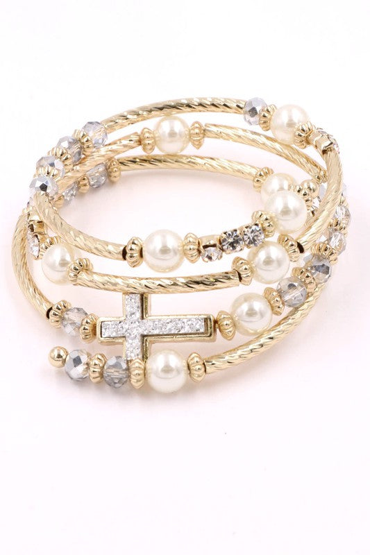Cream Pearl/Cross Metal Coil Bracelet - Debs on 5th
