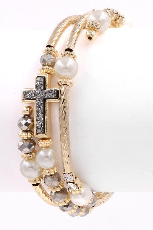 Cream Pearl/Cross Metal Coil Bracelet - Debs on 5th