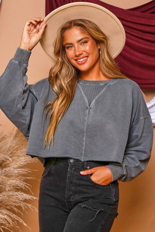 Long Sleeve Sand Washed French Terry Loose Fit Top - Debs on 5th