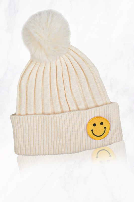 Smile Face Beanie With Pompom - Debs on 5th