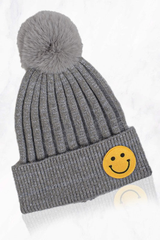 Smile Face Beanie With Pompom - Debs on 5th
