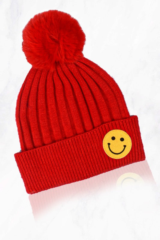 Smile Face Beanie With Pompom - Debs on 5th
