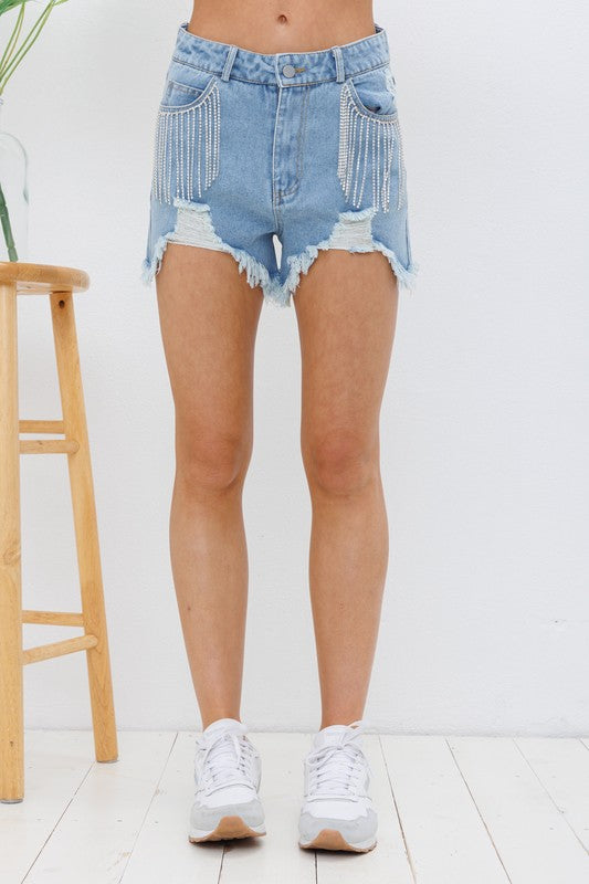 Frayed Rhinestone Denim Shorts - Debs on 5th