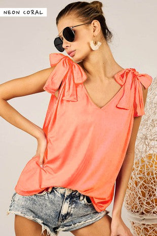 V-Neck Top with Shoulder Ribbon Tied Top - Debs on 5th