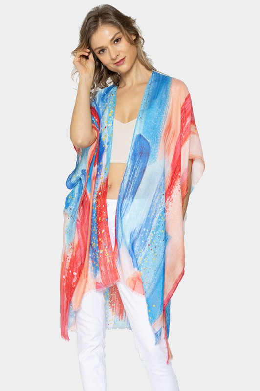 Brush Stroke Printed Cover Up Kimono Poncho - Debs on 5th