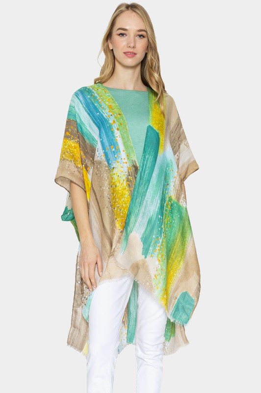 Brush Stroke Printed Cover Up Kimono Poncho - Debs on 5th
