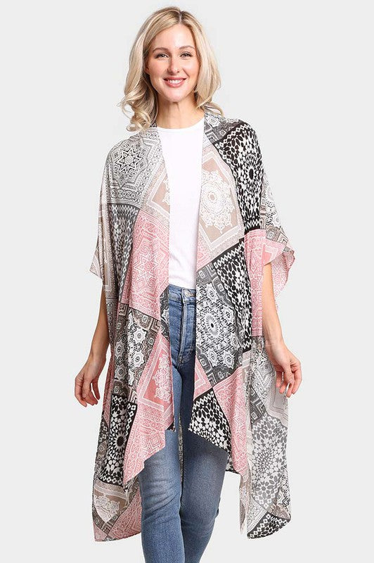 Multi Patterned Cover Up Kimono Poncho - Debs on 5th