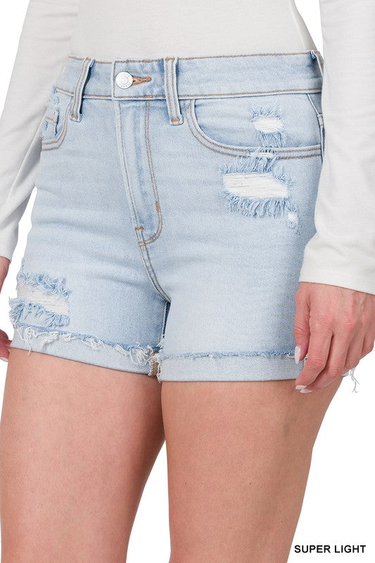 Distressed Cuffed Raw Hem Denim Shorts - Debs on 5th
