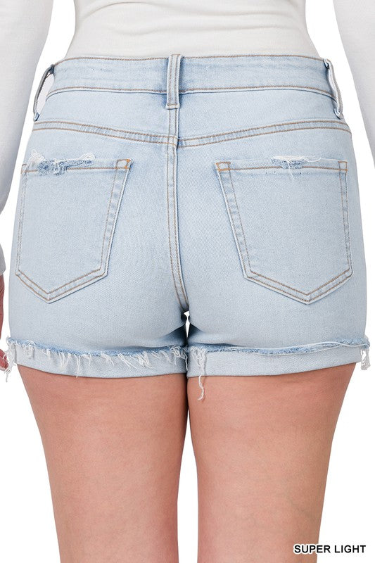 Distressed Cuffed Raw Hem Denim Shorts - Debs on 5th