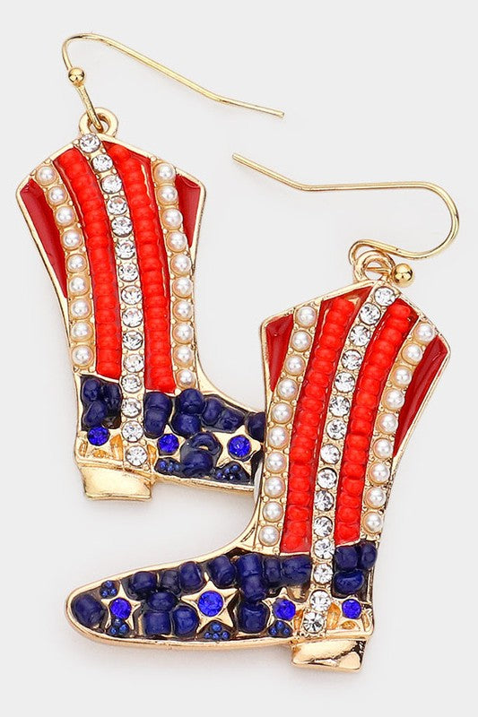 American USA Flag Western Boots Dangle Earrings - Debs on 5th
