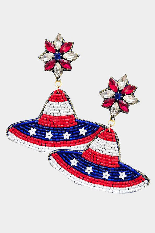 American USA Flag Hat Beaded Dangle Earrings - Debs on 5th