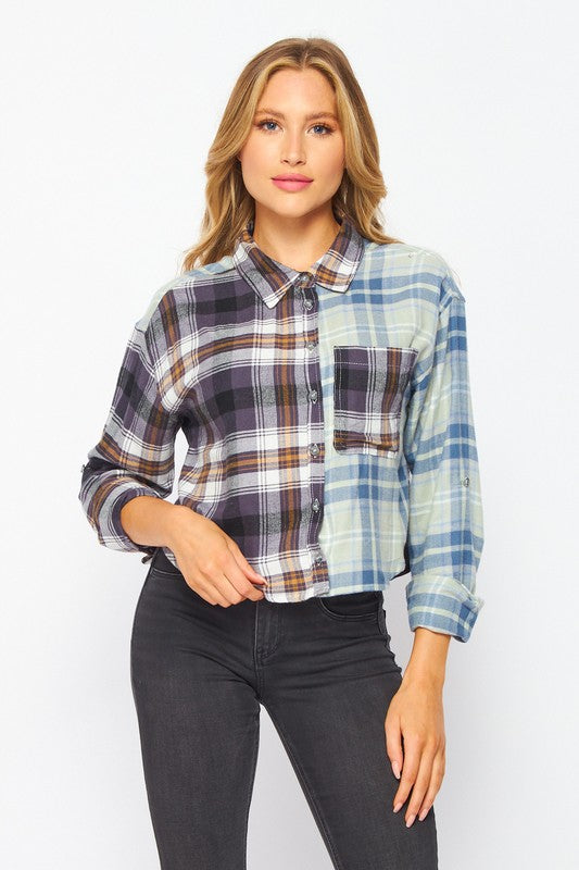 Solid Multi Plaid Print Casual Flannel Top - Debs on 5th
