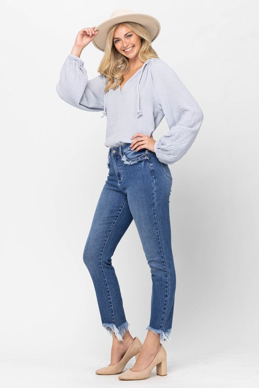 Hi Rise Fringed Pocket Slim Fit - Debs on 5th