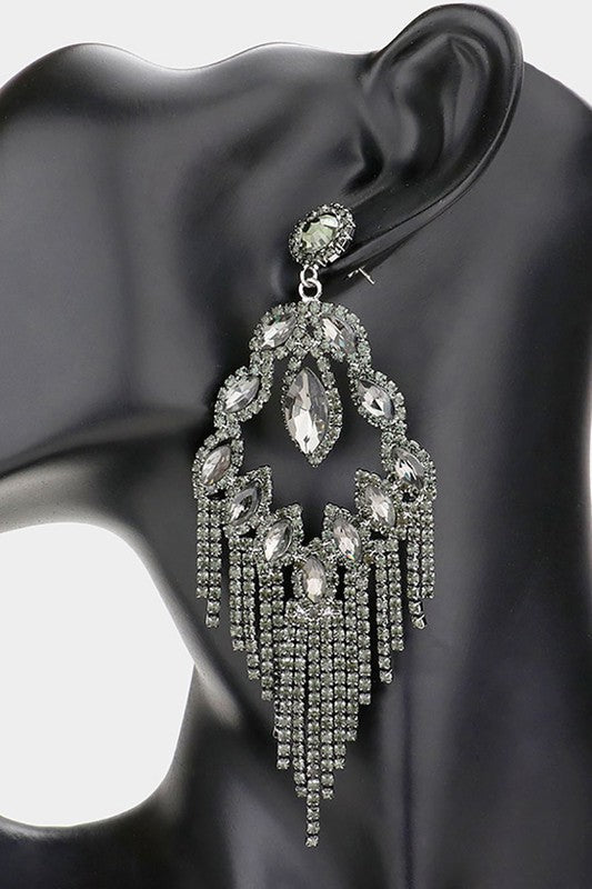 Marquise Stone Rhinestone Fringe Evening Earrings - Debs on 5th
