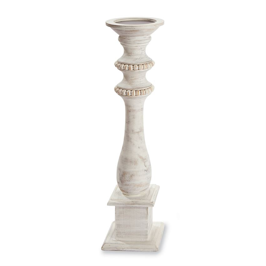 White Wash Beaded Wood Candlestick - Debs on 5th
