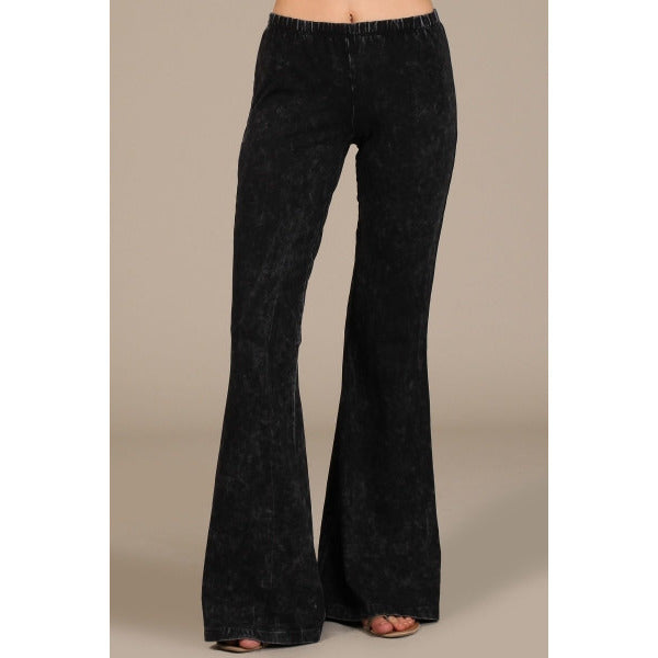 Mineral Washed Bell Bottom Pants with Elastic Waist - Debs Boutique  LLC