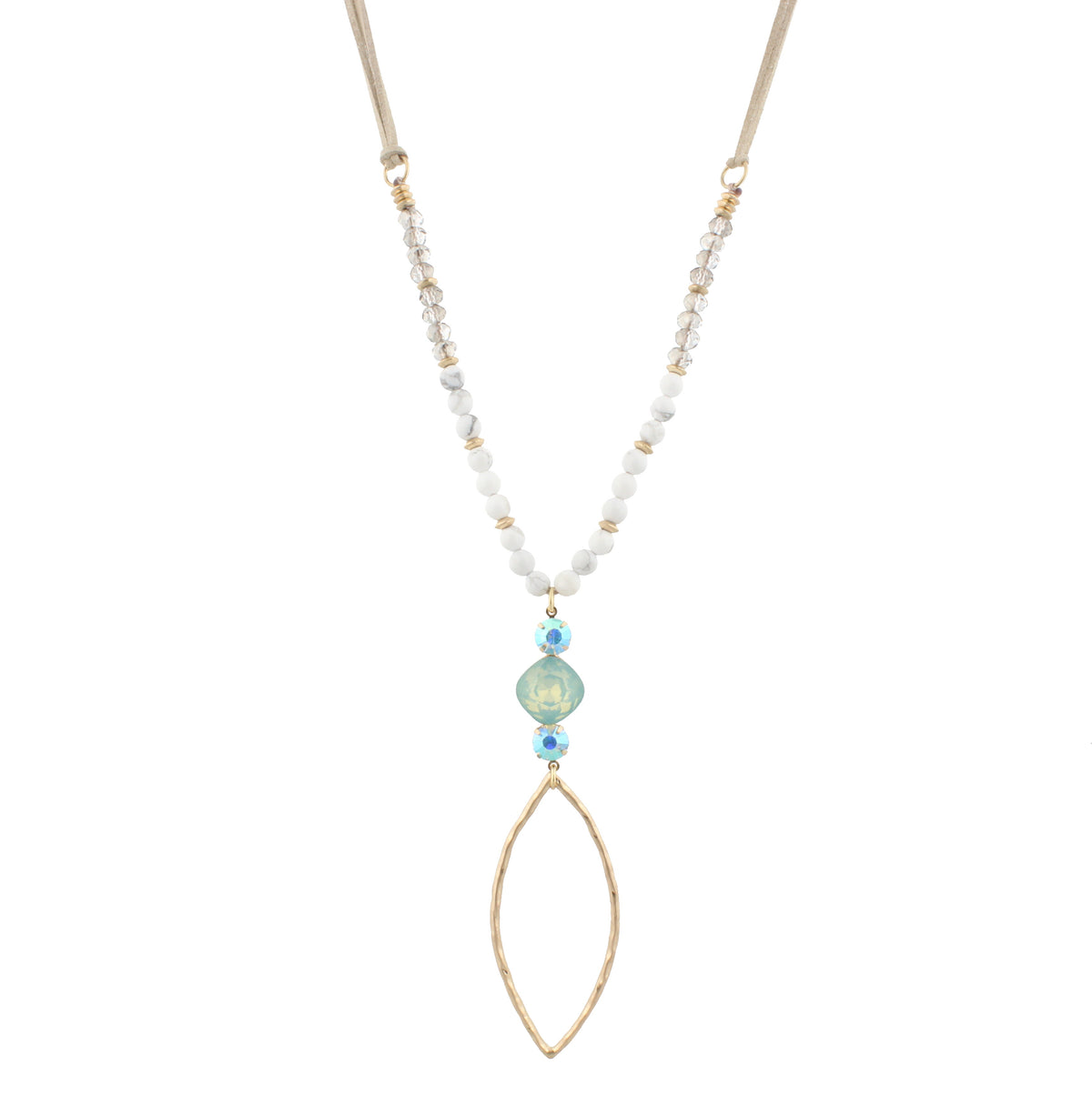 32" Adj. Grey Leather with Howlite Beaded Body & Pointed Oval - Debs on 5th