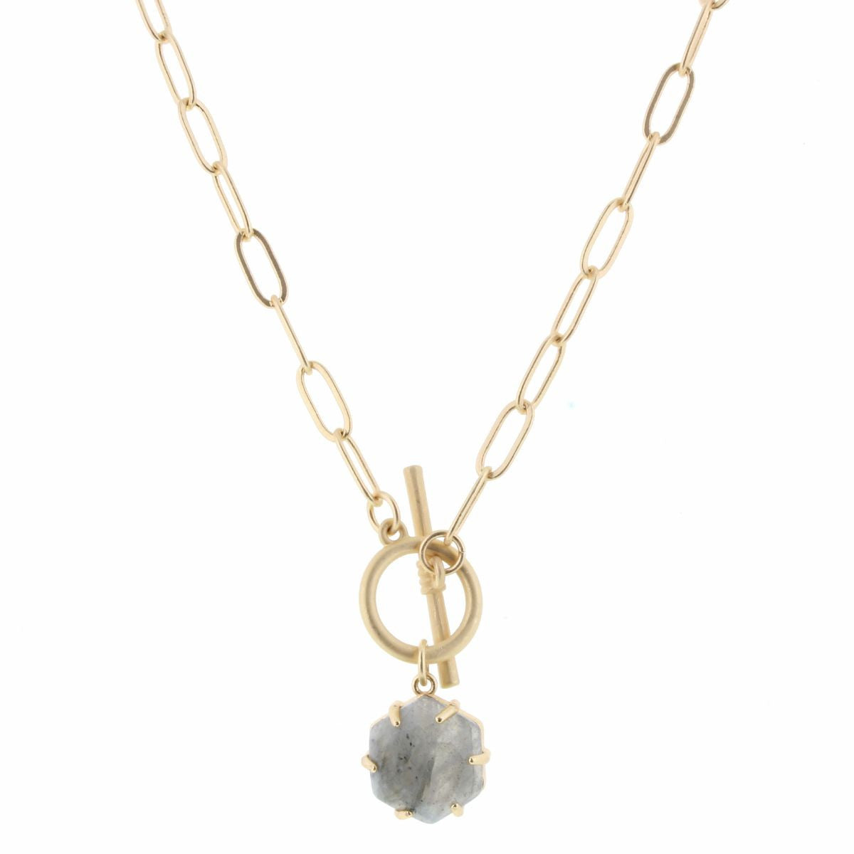 16" Gold Chain with Grey Stone Hexagon & Toggle Necklace - Debs on 5th