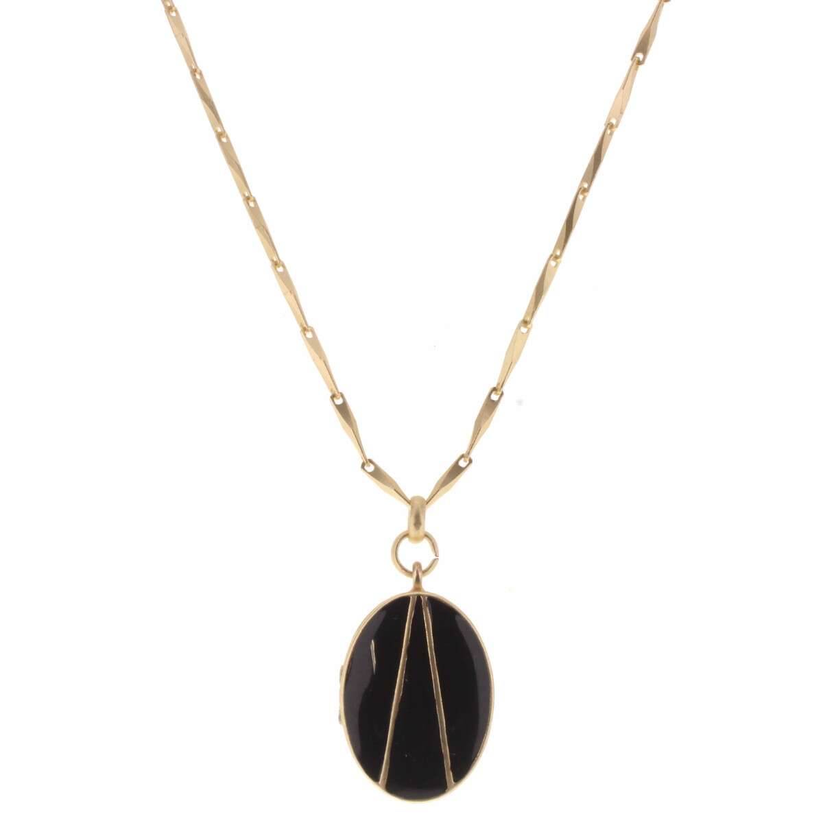 32" Black Oval Epoxy Locket with Gold Line Detailing Necklace, 3" Ext. - Debs on 5th