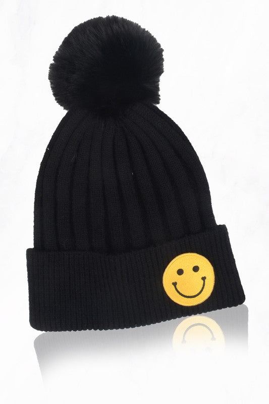 Smile Face Beanie With Pompom - Debs on 5th