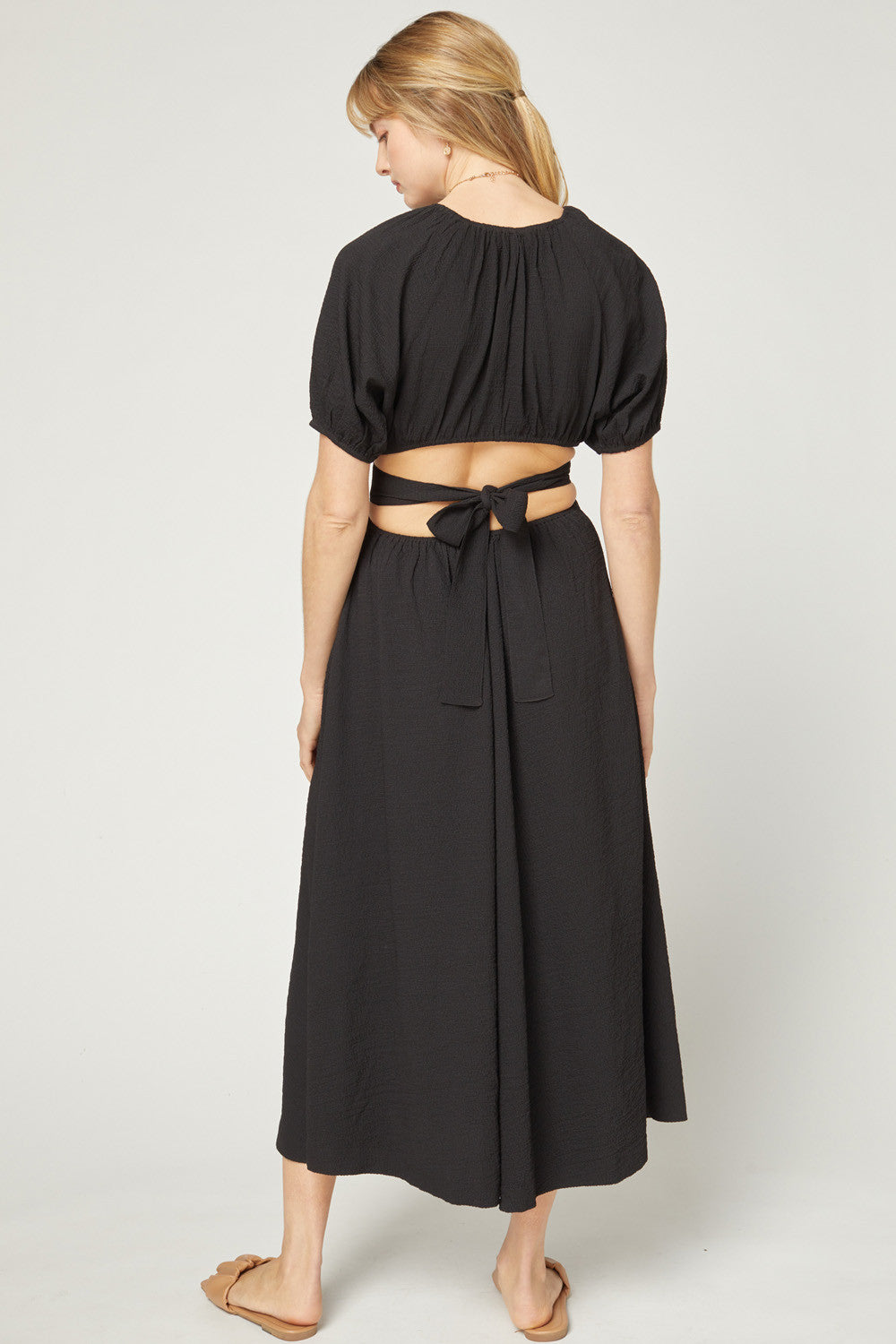 Solid Textured Puff Sleeve Midi Dress - Debs on 5th
