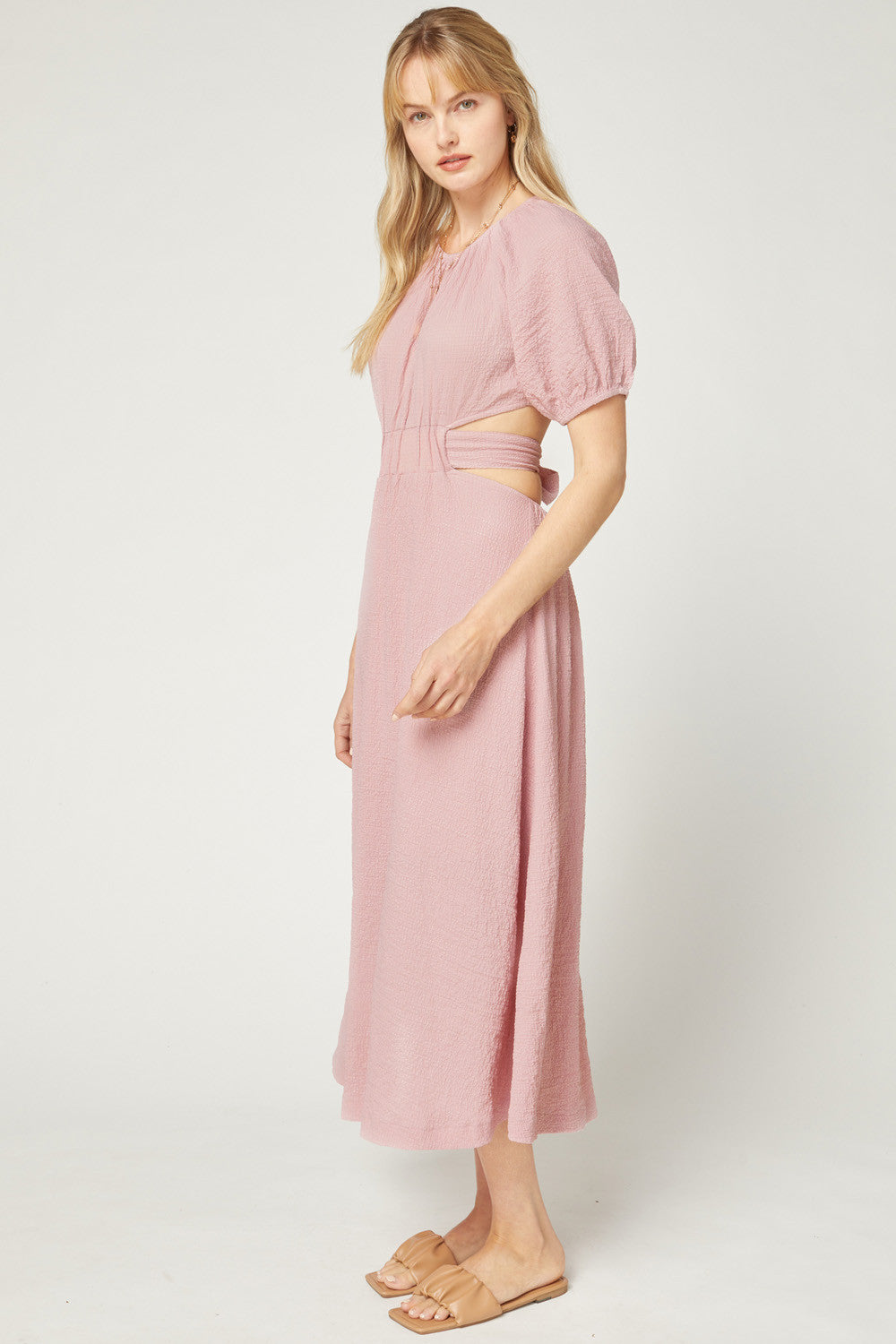 Solid Textured Puff Sleeve Midi Dress - Debs on 5th